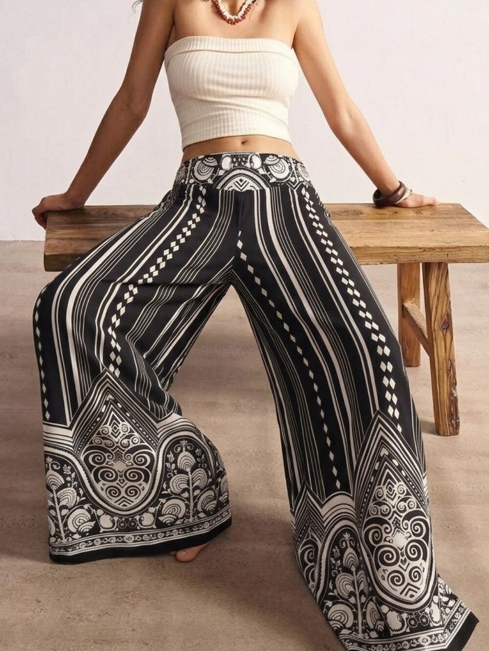 Coco Bianco Wide Leg Palazzo Pants Black White Geometric Border Print Size Large